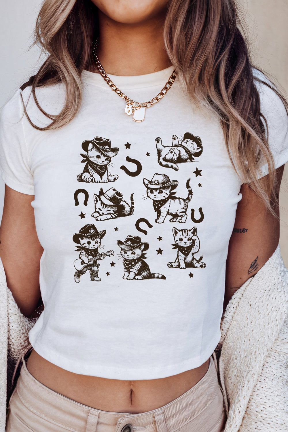 Cute Cowboy Kitten Pattern Y2K Baby Tee