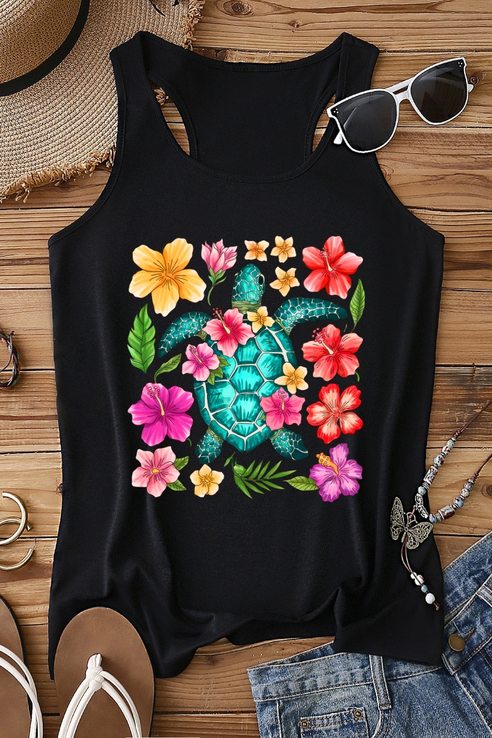 Boho Sea Turtle Floral Tank Top For Women