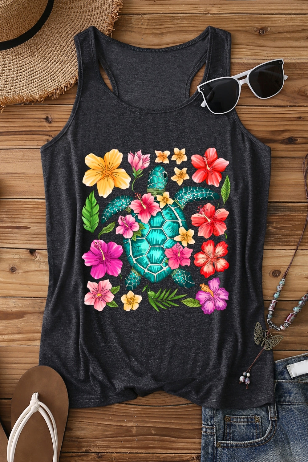 Boho Sea Turtle Floral Tank Top For Women