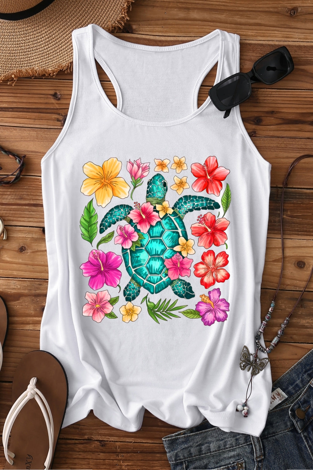 Boho Sea Turtle Floral Tank Top For Women