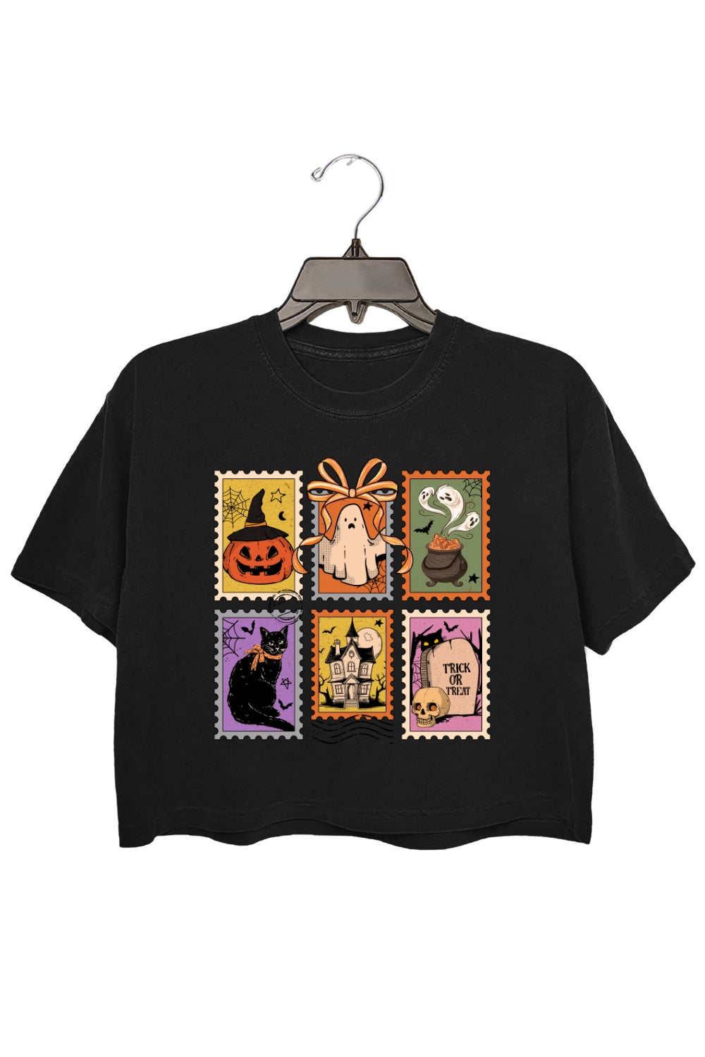 Retro Halloween Cat Ghost Stamps Crop Top For Women