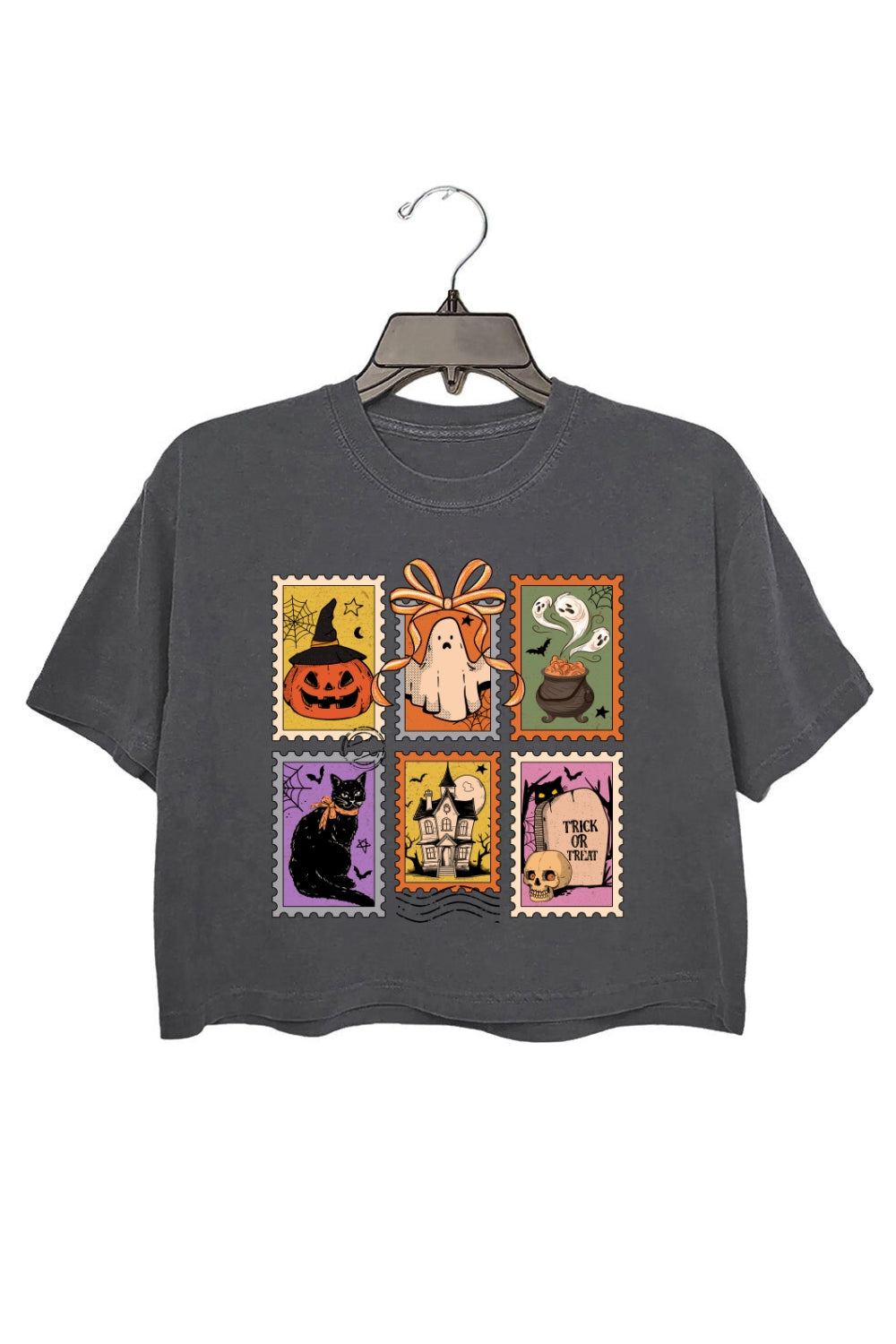 Retro Halloween Cat Ghost Stamps Crop Top For Women