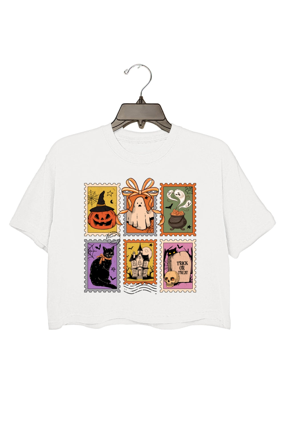 Retro Halloween Cat Ghost Stamps Crop Top For Women