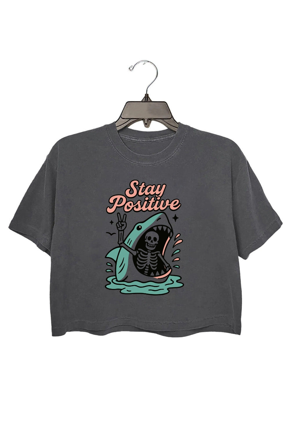 Stay Positive Skeleton Shark Crop Top For Women