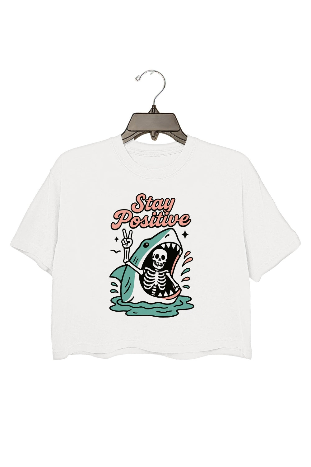 Stay Positive Skeleton Shark Crop Top For Women