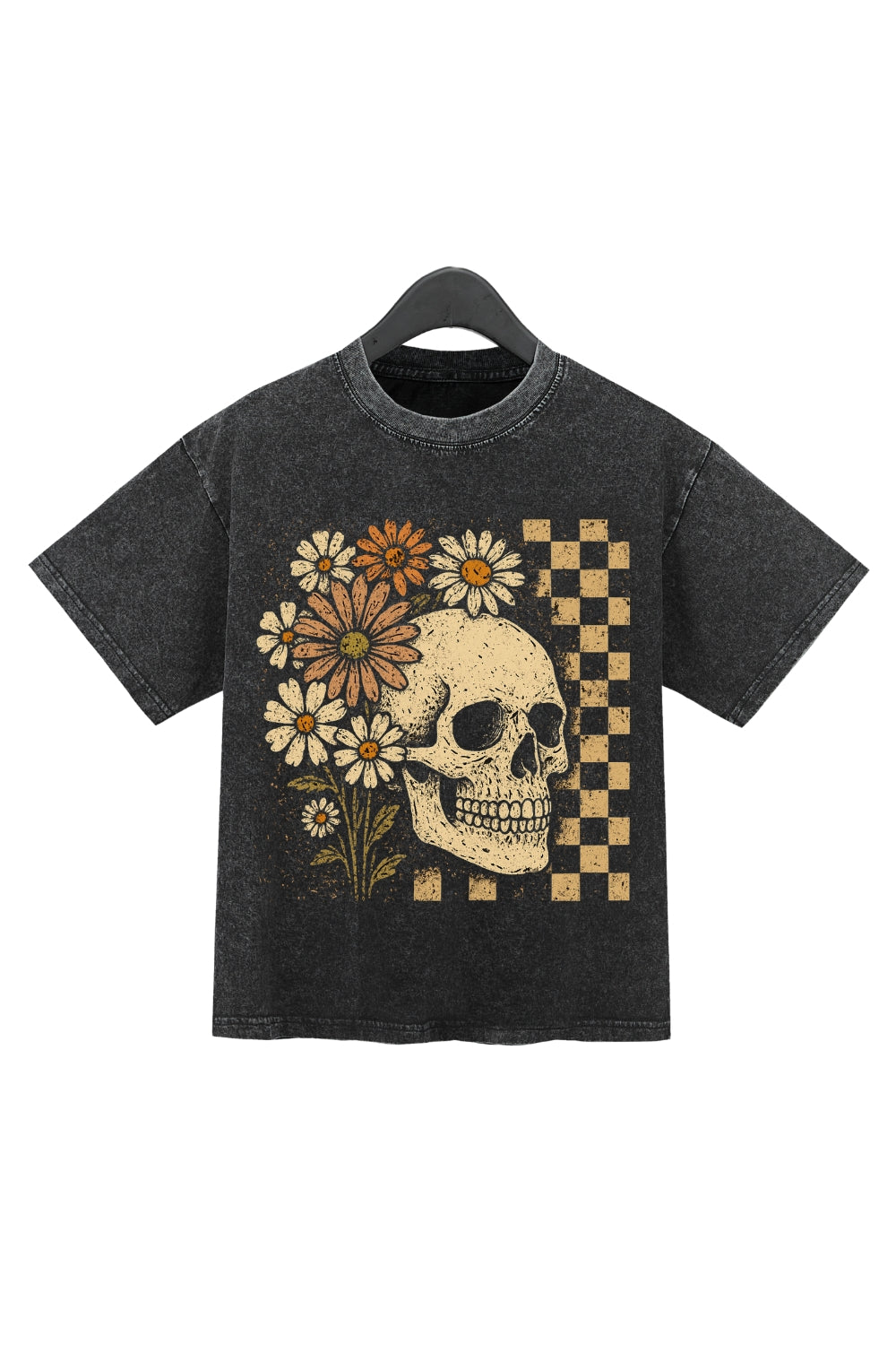 Retro Floral Skeleton Checkered Washed Crop Top For Women
