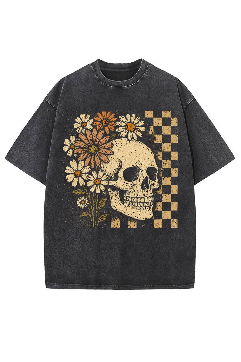 Retro Floral Skeleton Checkered Vintage Washed Tee