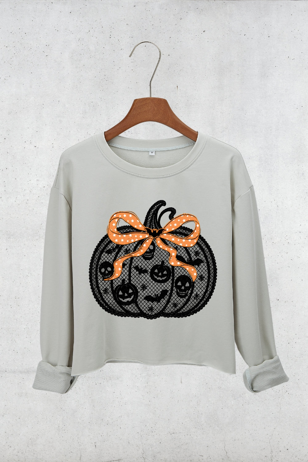 Black Lace Pumpkin Coquette Crop Sweatshirt For Women