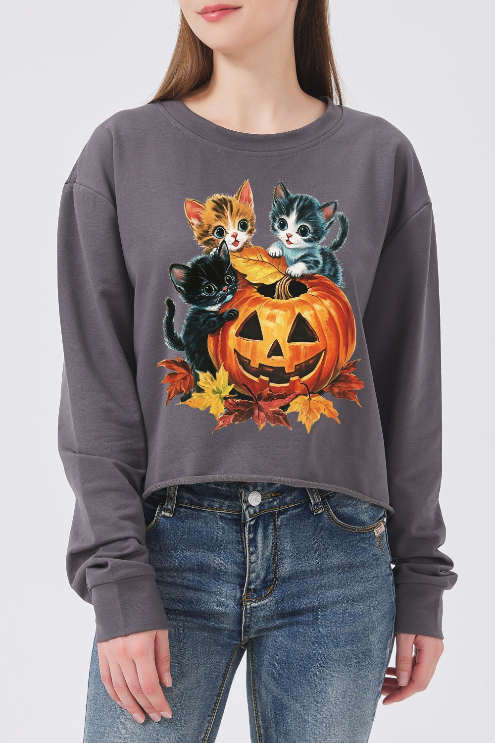 Vintage 90s Cat Halloween Pumpkin Crop Sweatshirt For Women