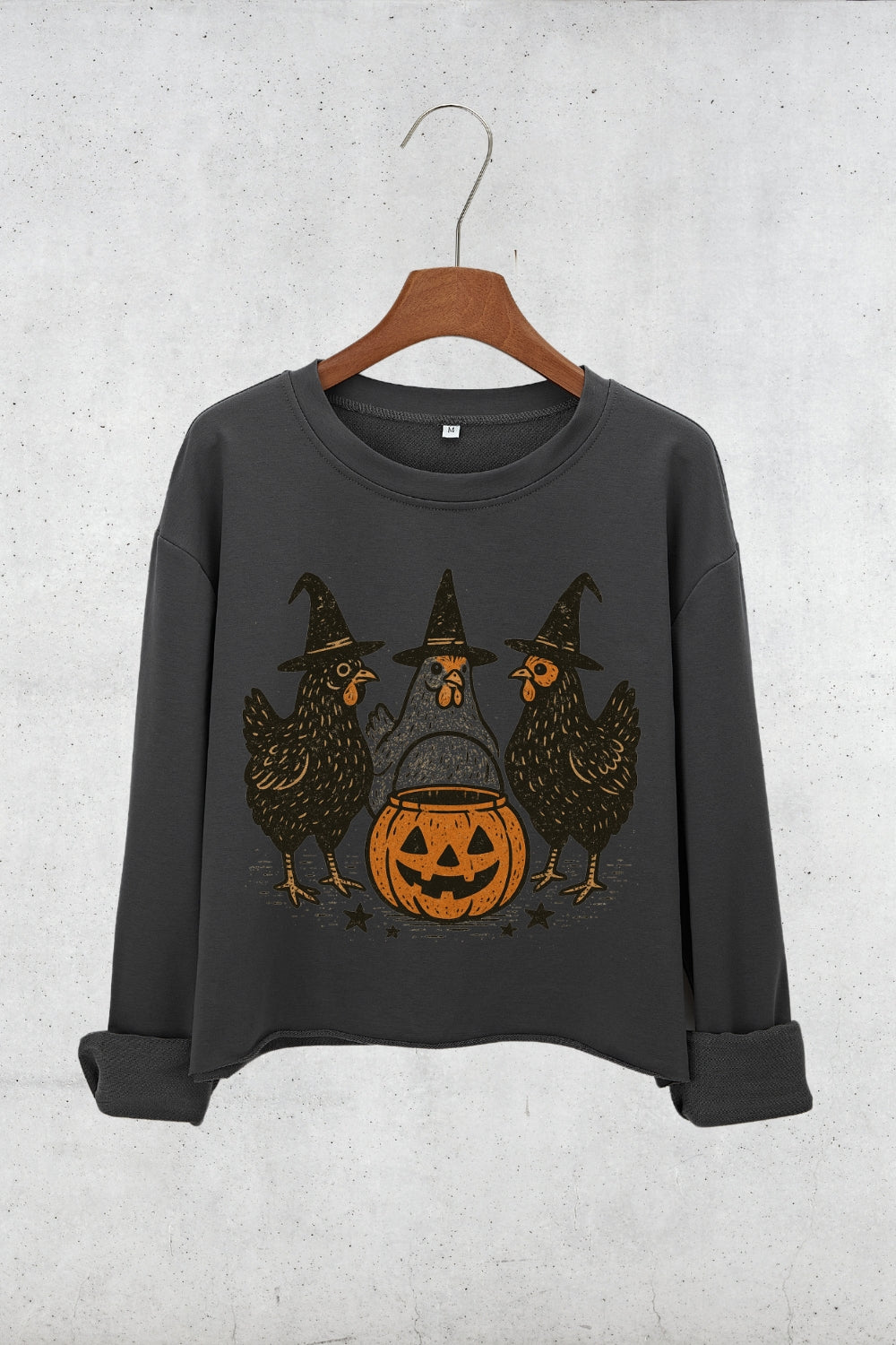 Retro Pumpkin Chicken Fall Crop Sweatshirt For Women