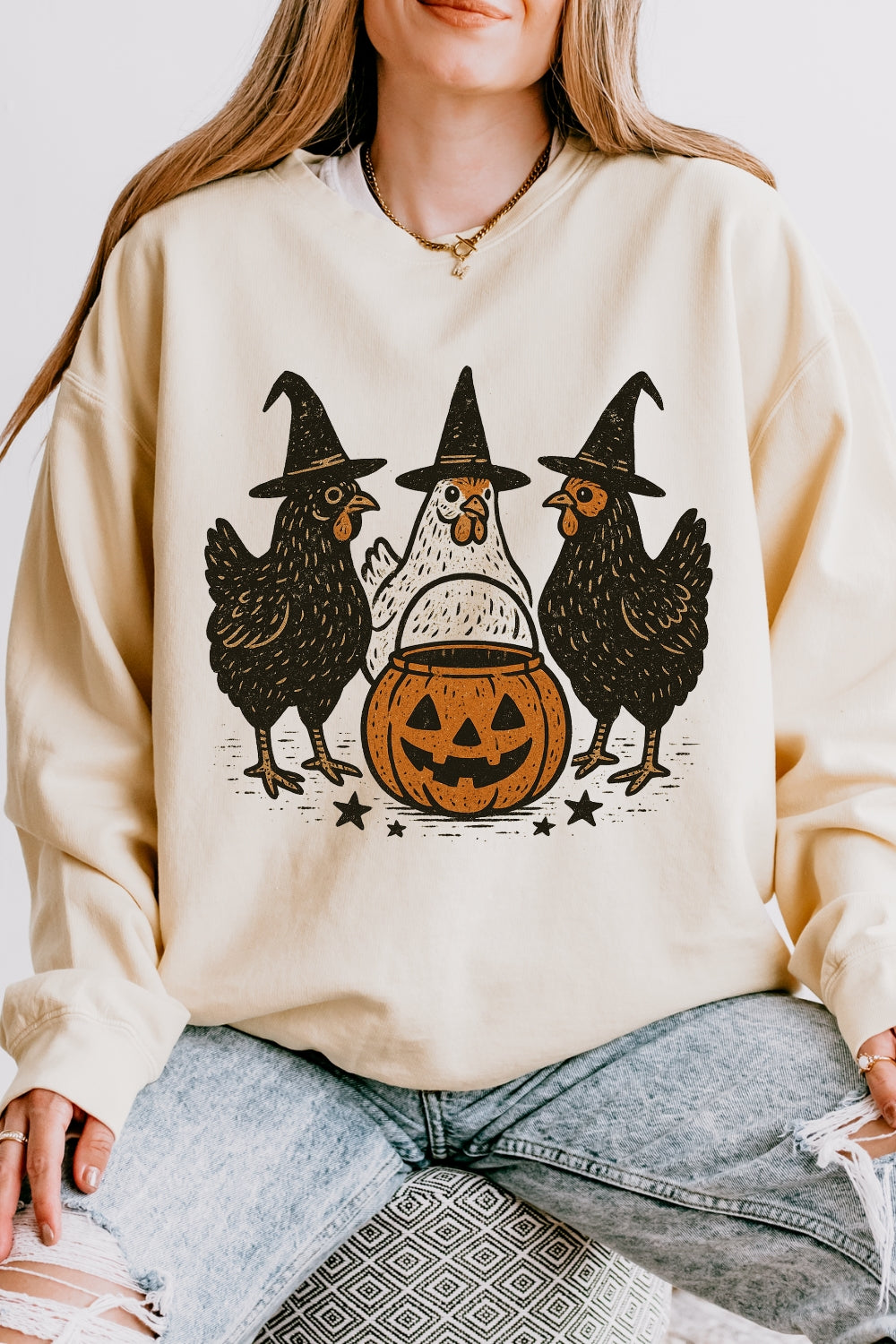 Retro Pumpkin Chicken Sweatshirt For Women