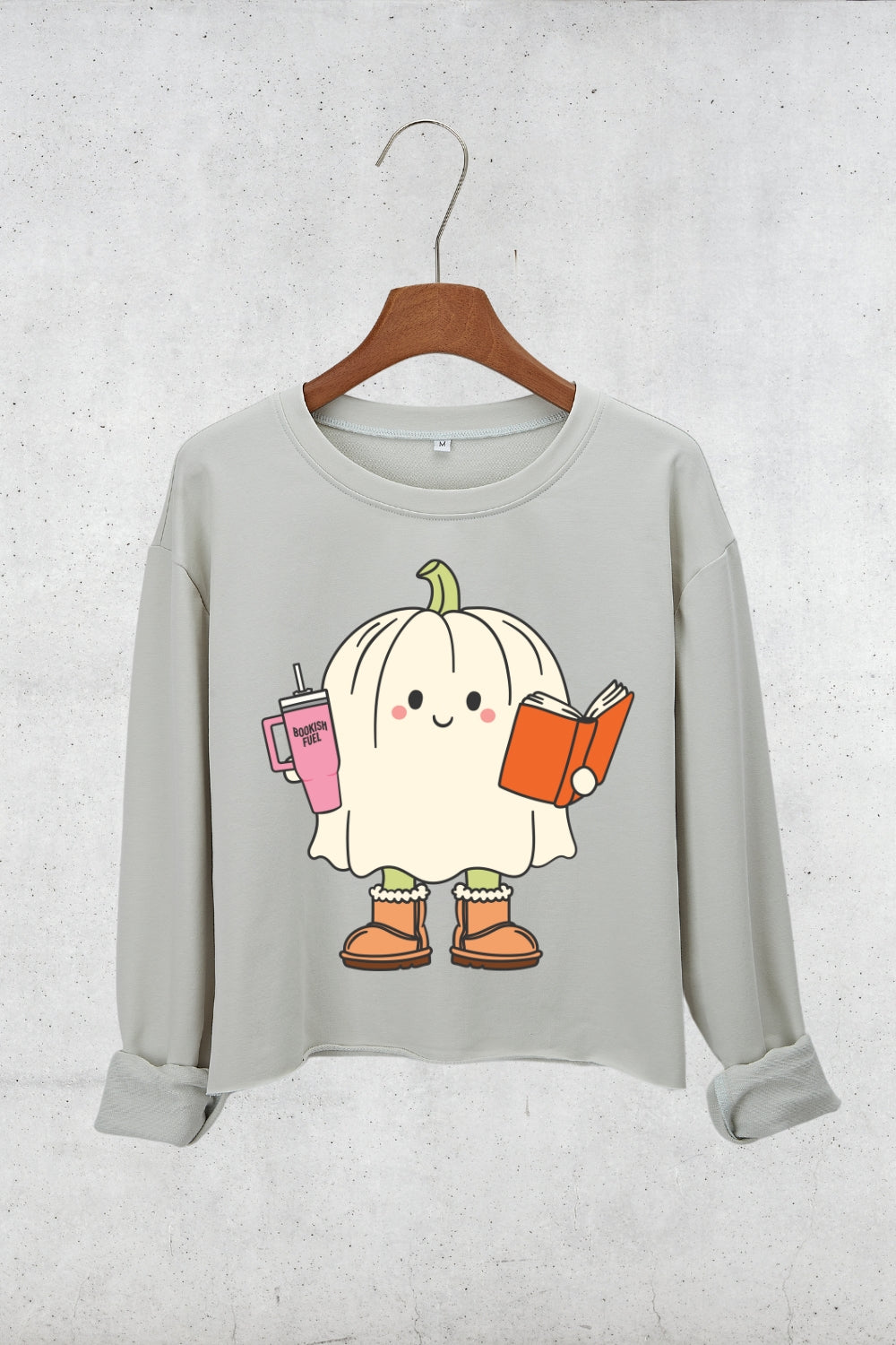 Pumpkin Bookish Ghost Crop Sweatshirt For Women