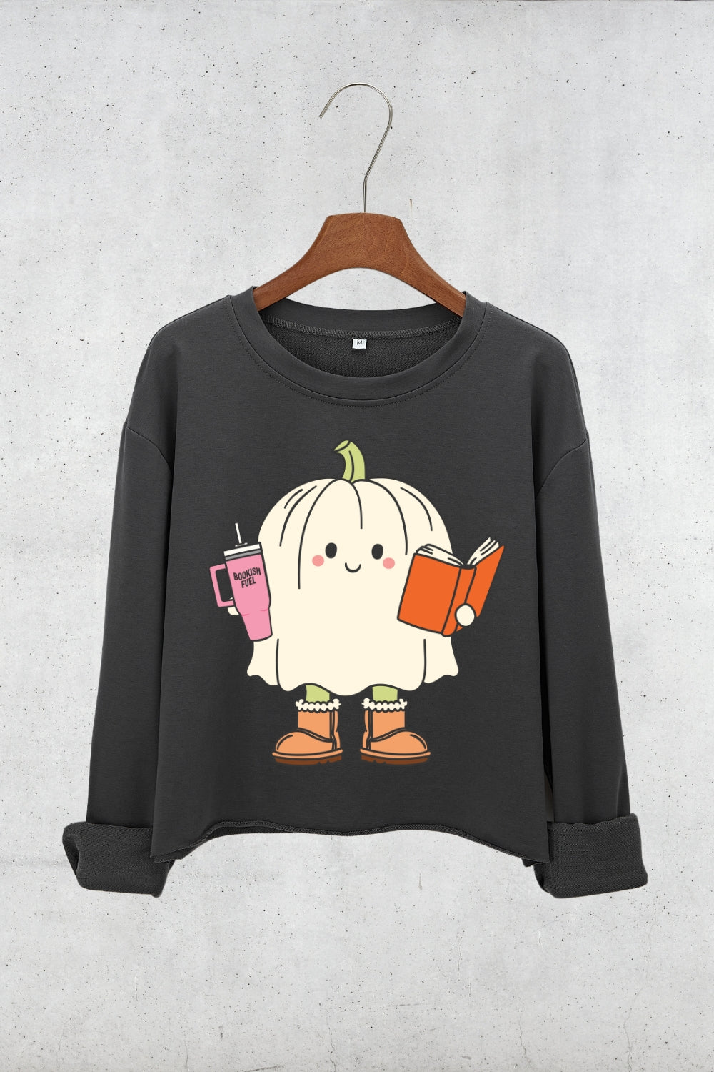 Pumpkin Bookish Ghost Crop Sweatshirt For Women