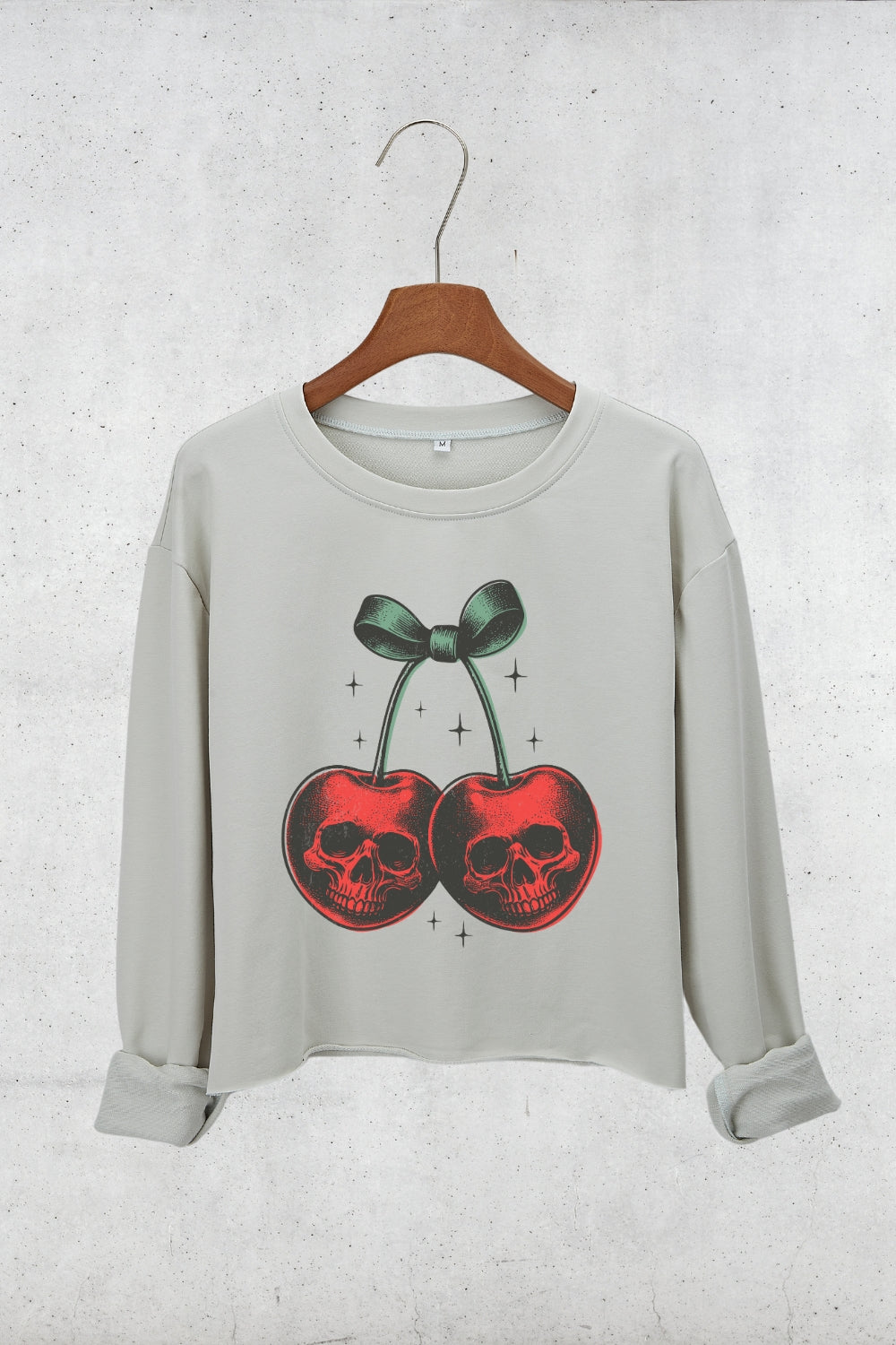 Retro Halloween Skull Cherries Crop Sweatshirt For Women