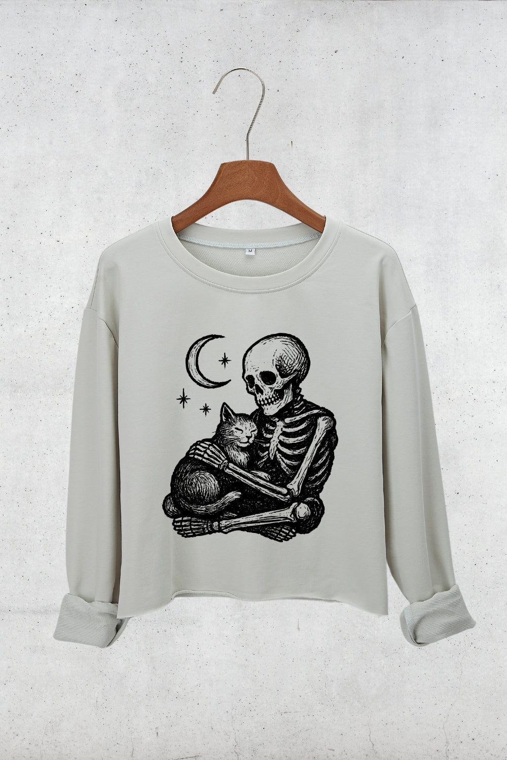 Gothic Skeleton Hugging Cat Crop Sweatshirt For Women