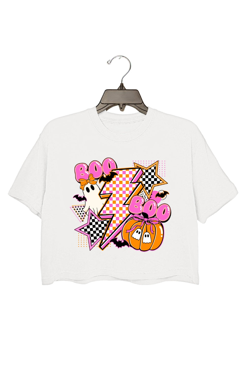 Retro Halloween Boo Checkered Ghost Crop Top For Women