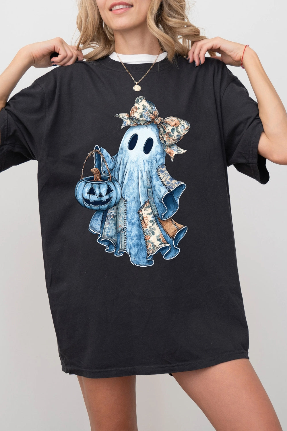 Retro Halloween Blue Denim Ghost Tee For Women