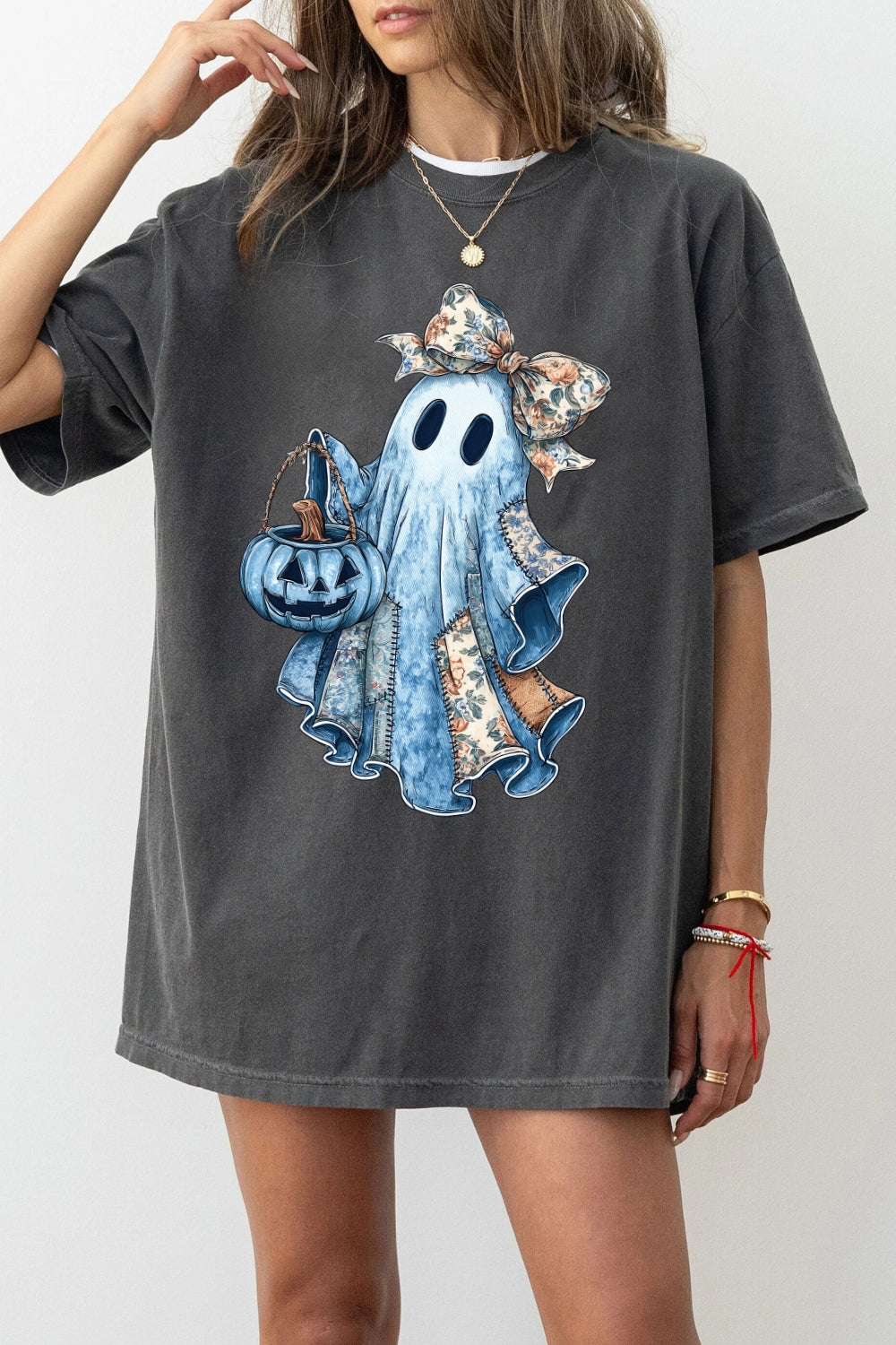 Retro Halloween Blue Denim Ghost Tee For Women