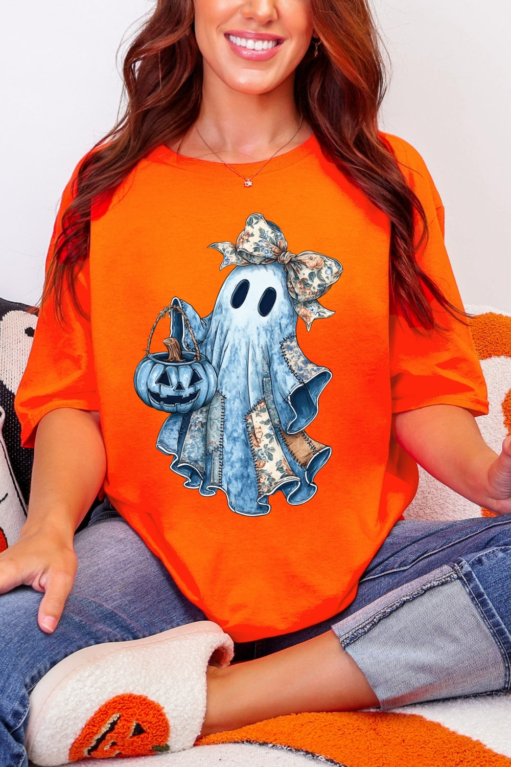 Retro Halloween Blue Denim Ghost Tee For Women