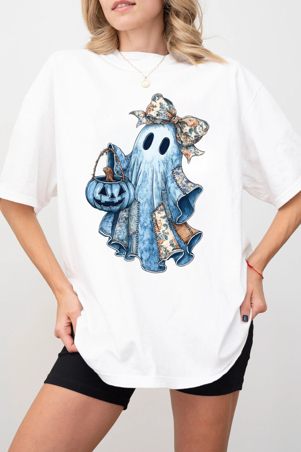 Retro Halloween Blue Denim Ghost Tee For Women