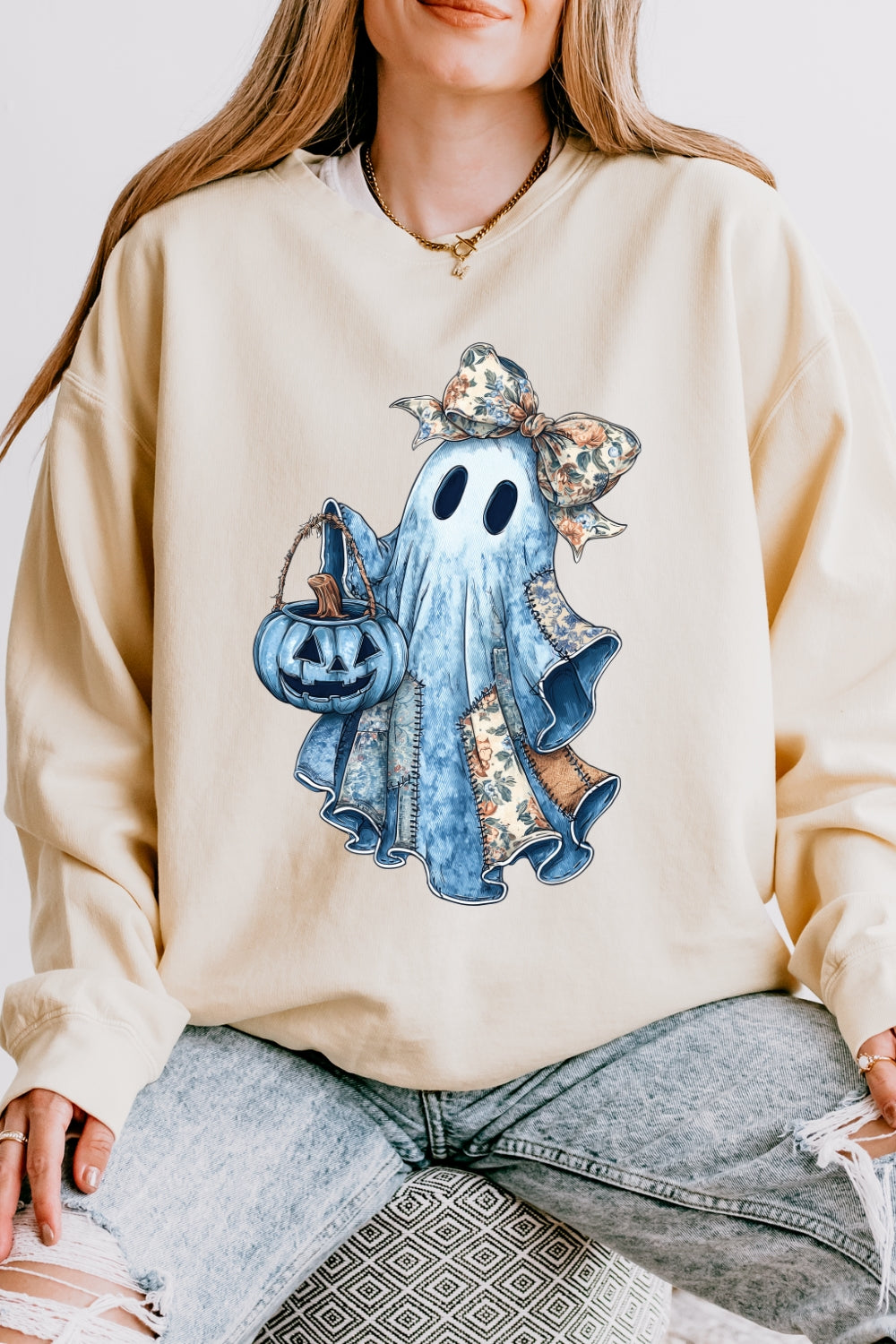 Retro Halloween Blue Denim Ghost Sweatshirt For Women