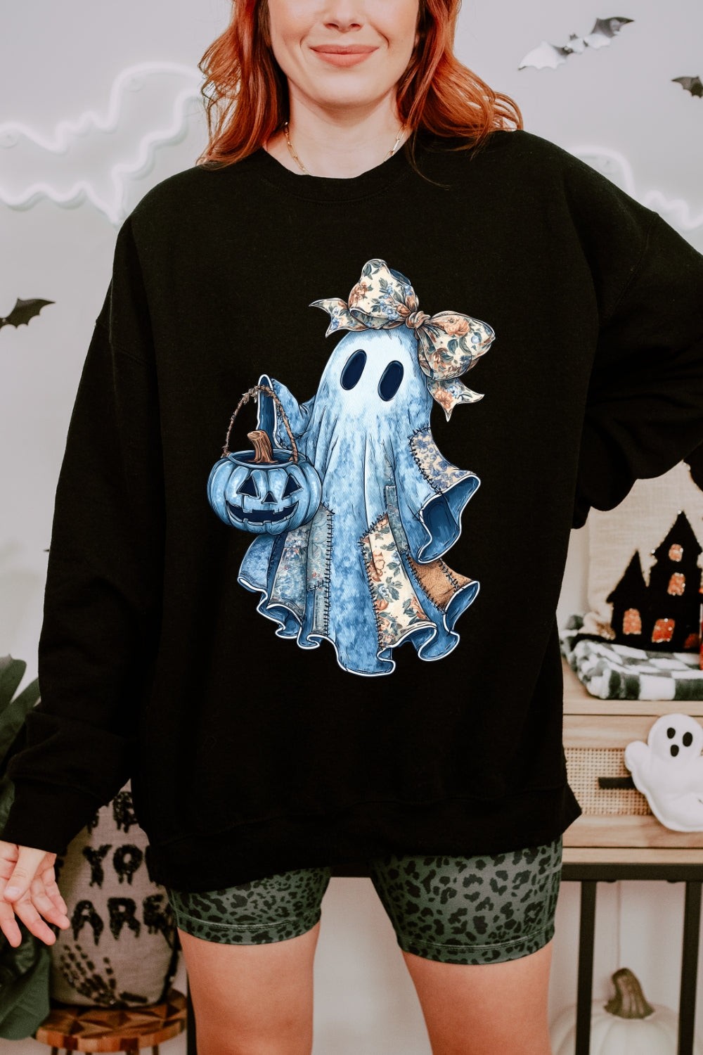 Retro Halloween Blue Denim Ghost Sweatshirt For Women