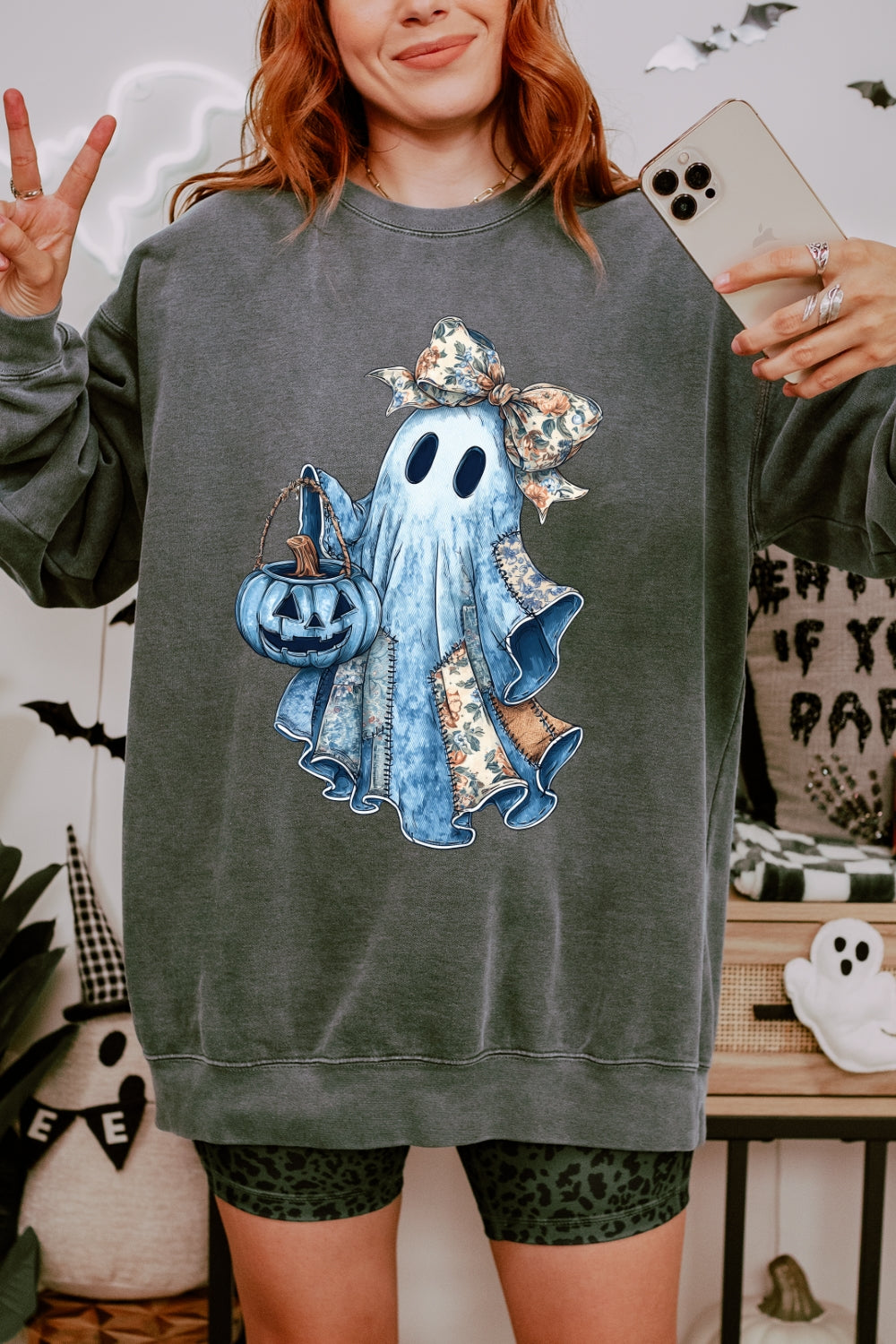 Retro Halloween Blue Denim Ghost Sweatshirt For Women