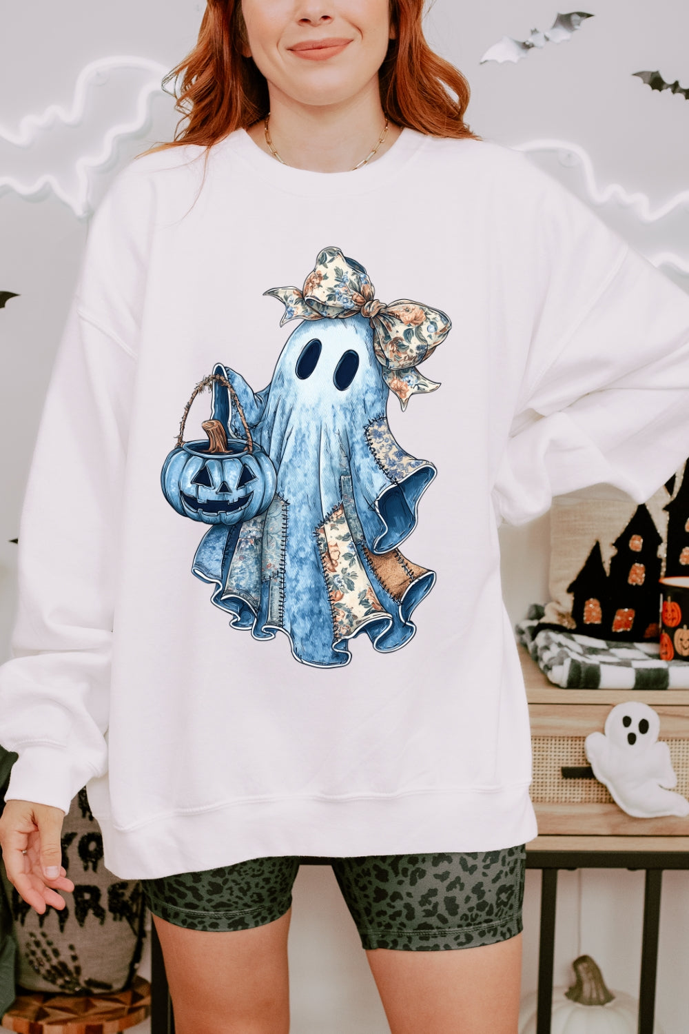 Retro Halloween Blue Denim Ghost Sweatshirt For Women