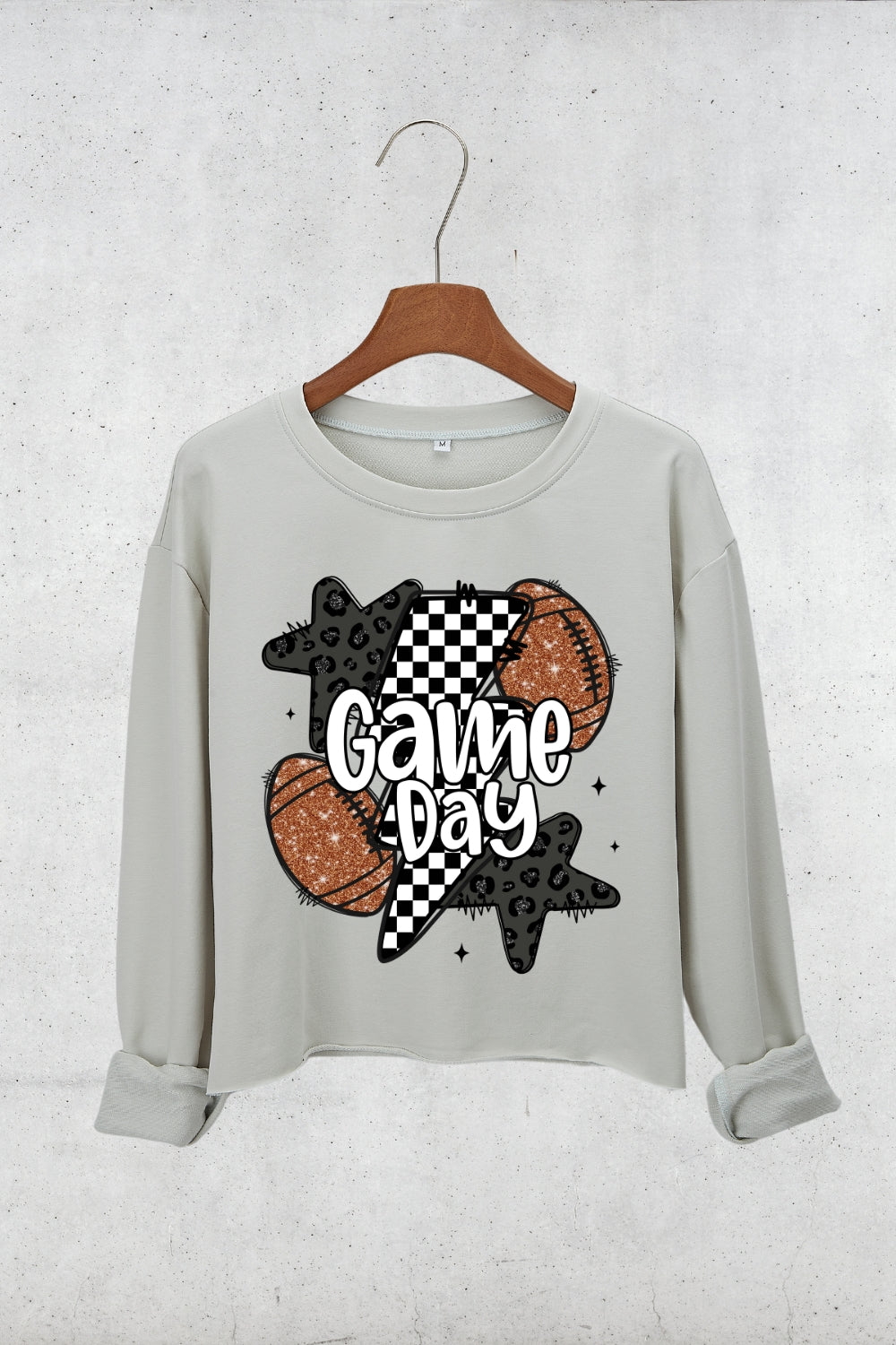 Retro GlitterCheckered Football Crop Sweatshirt For Women