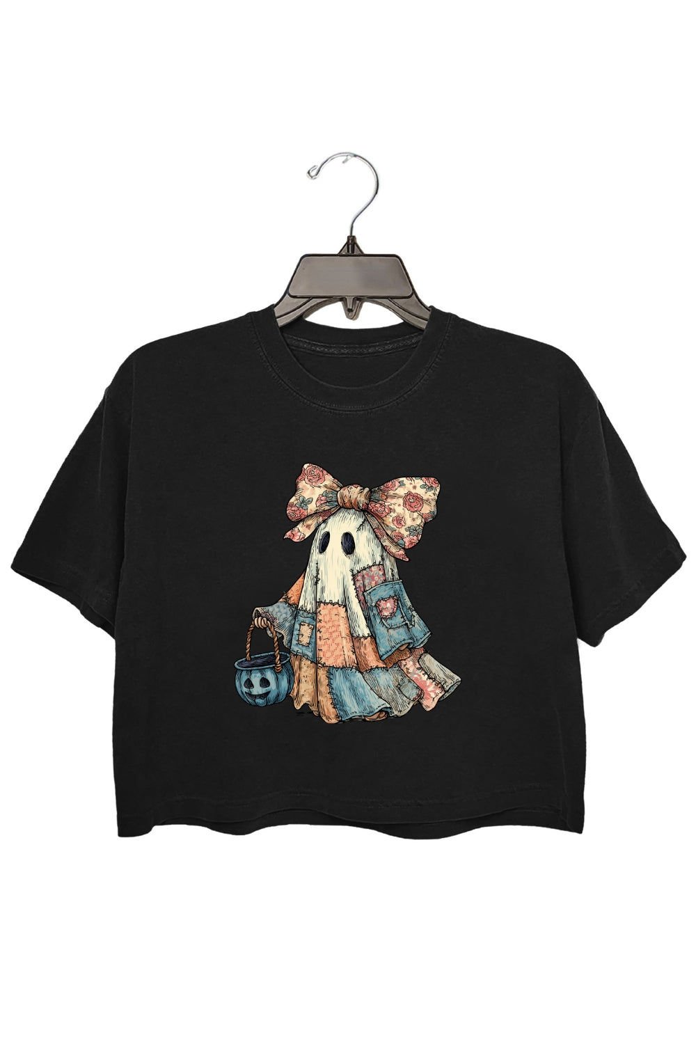 Retro Halloween Blue Denim Boo Ghost Crop Top For Women