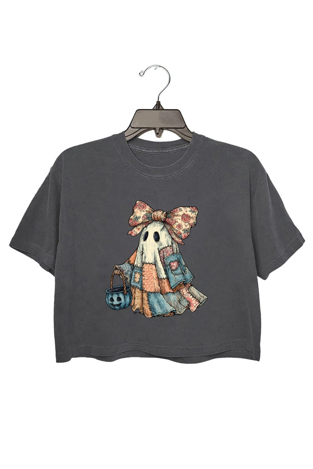Retro Halloween Blue Denim Boo Ghost Crop Top For Women