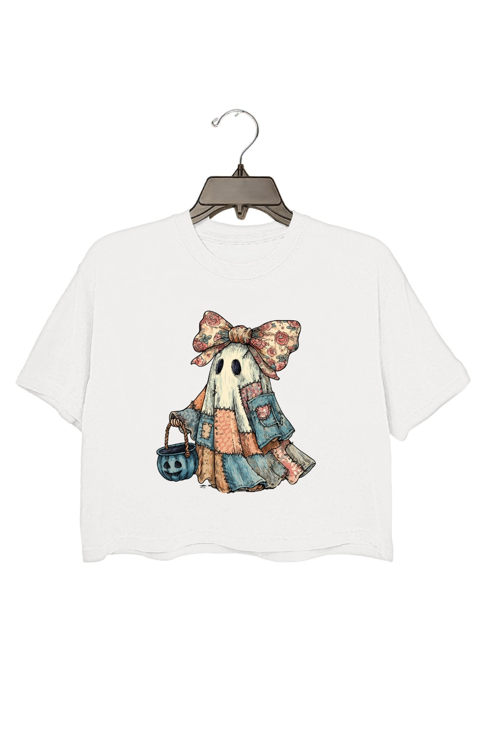 Retro Halloween Blue Denim Boo Ghost Crop Top For Women