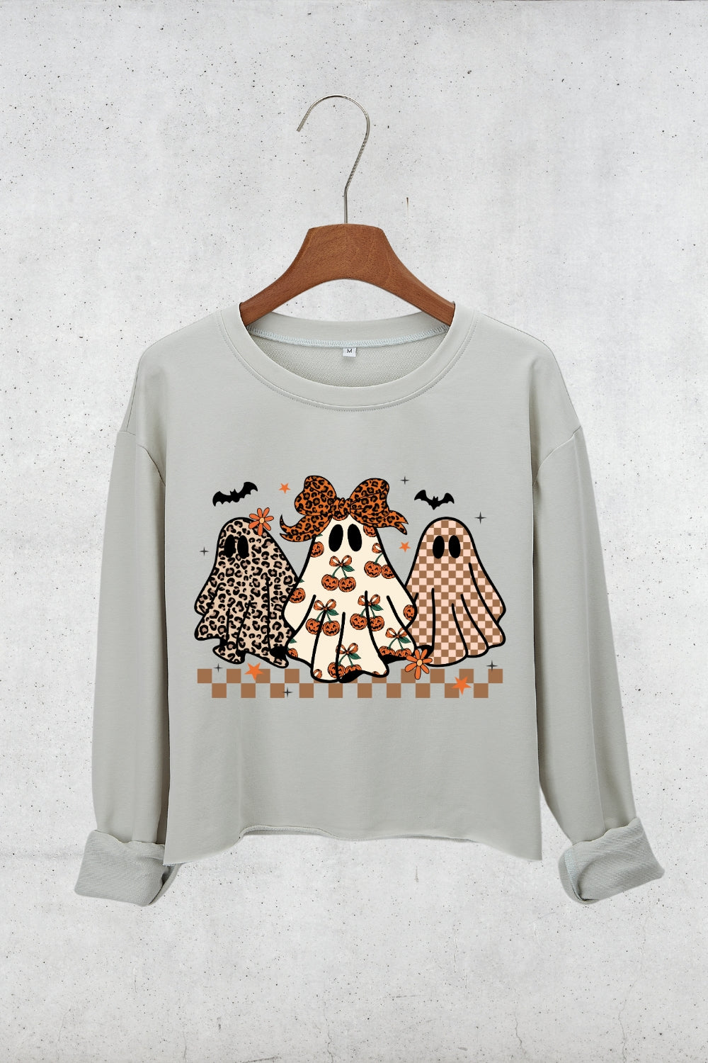Preppy Halloween Ghost Leopard Crop Sweatshirt For Women