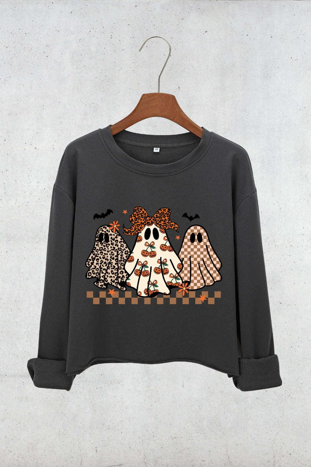 Preppy Halloween Ghost Leopard Crop Sweatshirt For Women