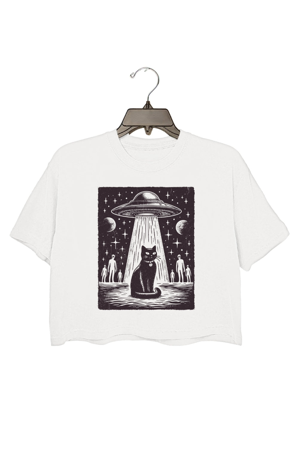 Retro Space UFO Cat Crop Top For Women