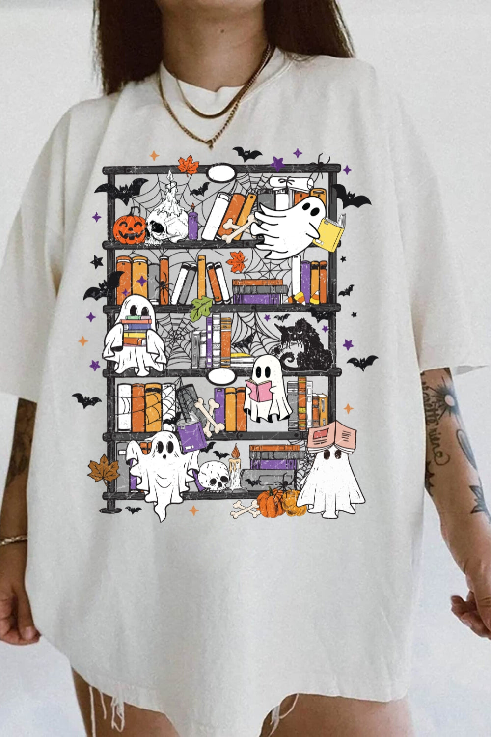 Retro Halloween Bookshelf Boo Ghost Tee For Women