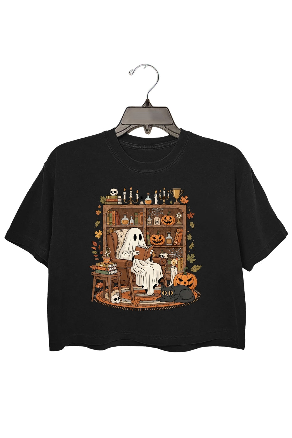 Retro Cozy Ghost Reading Halloween Crop Top For Women