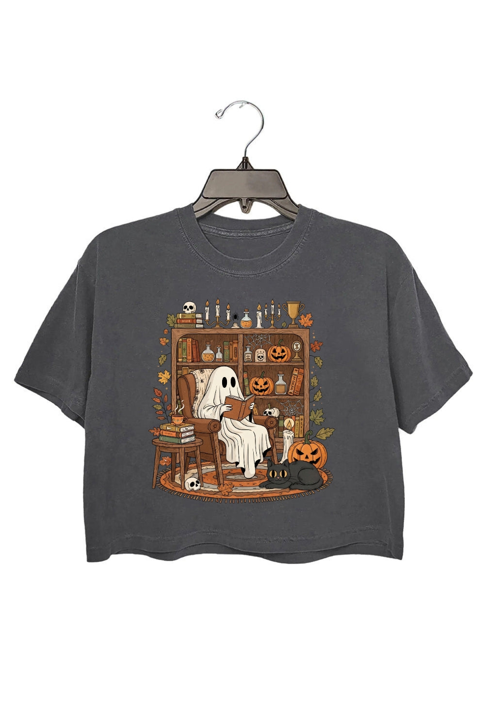 Retro Cozy Ghost Reading Halloween Crop Top For Women