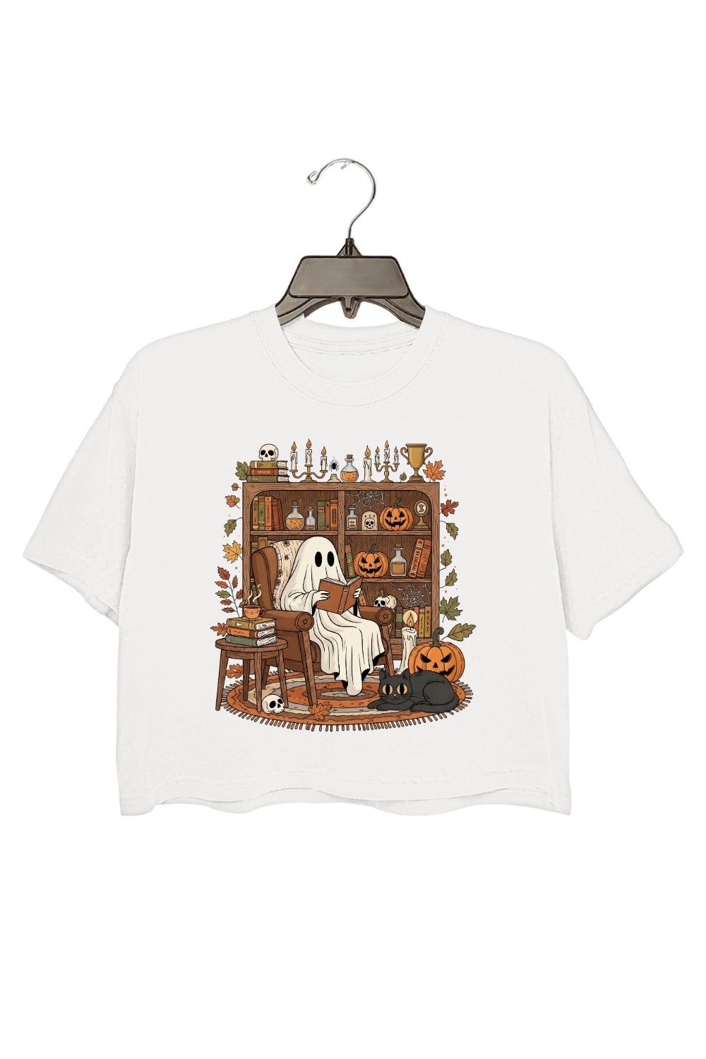 Retro Cozy Ghost Reading Halloween Crop Top For Women