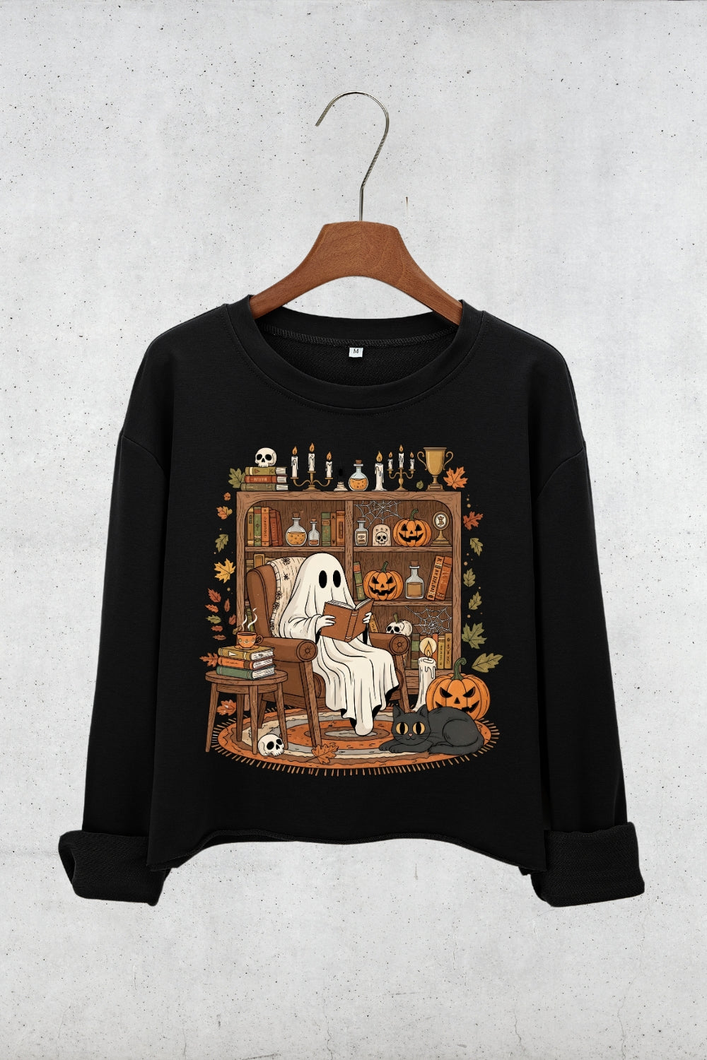 Retro Cozy Ghost Reading Halloween Crop Sweatshirt For Women