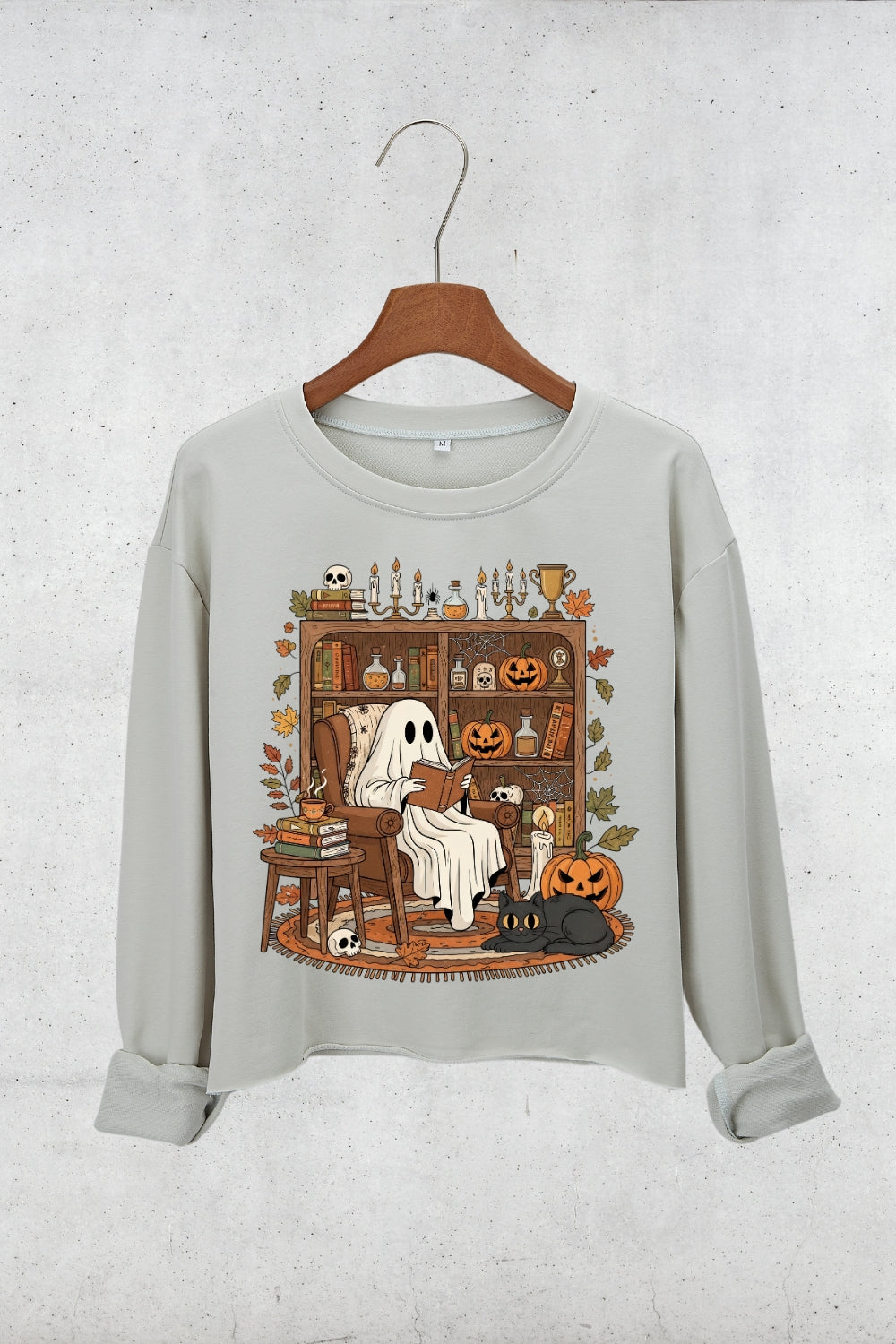 Retro Cozy Ghost Reading Halloween Crop Sweatshirt For Women
