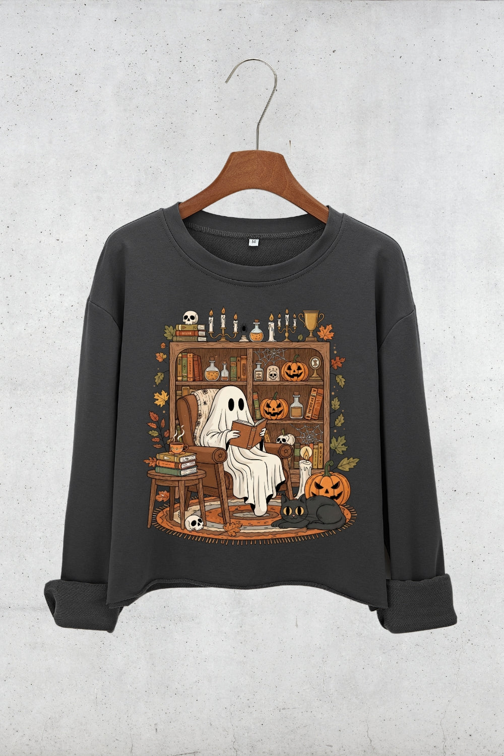 Retro Cozy Ghost Reading Halloween Crop Sweatshirt For Women