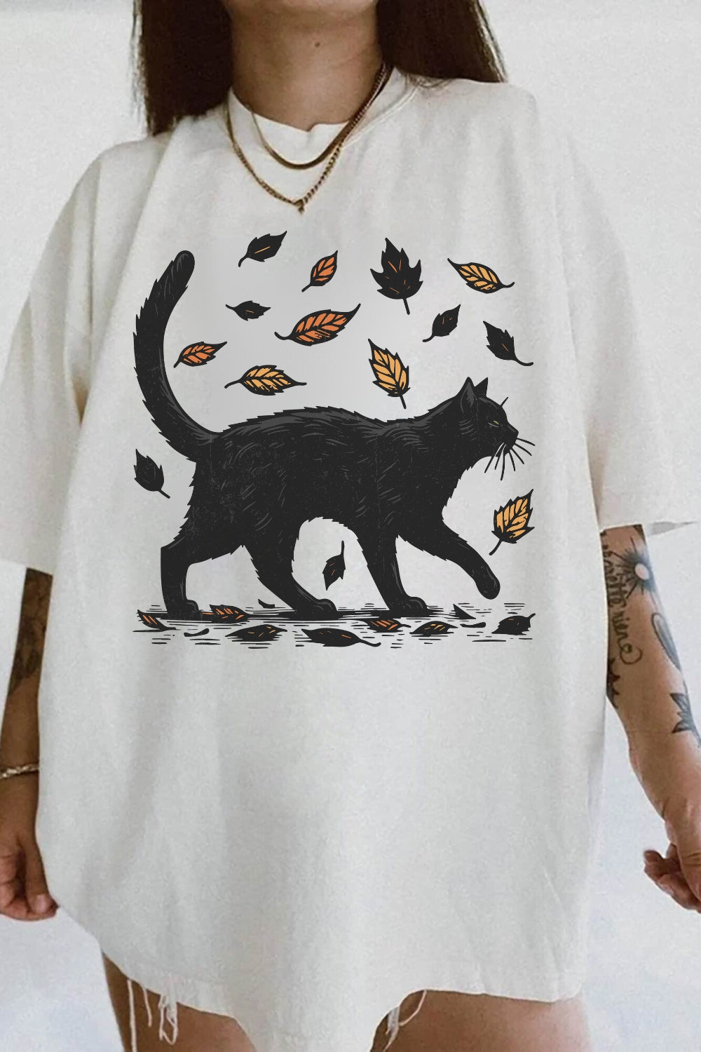 Black Cat Autumn Leaves Tee For Women