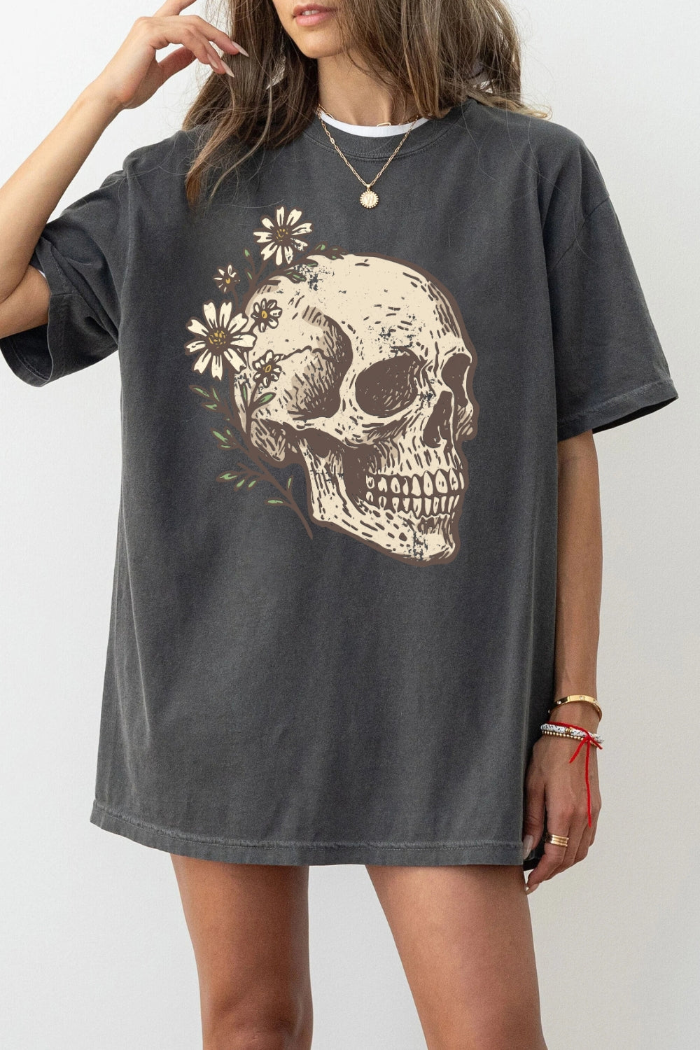 Vintage Skull With Flowers Tee For Women