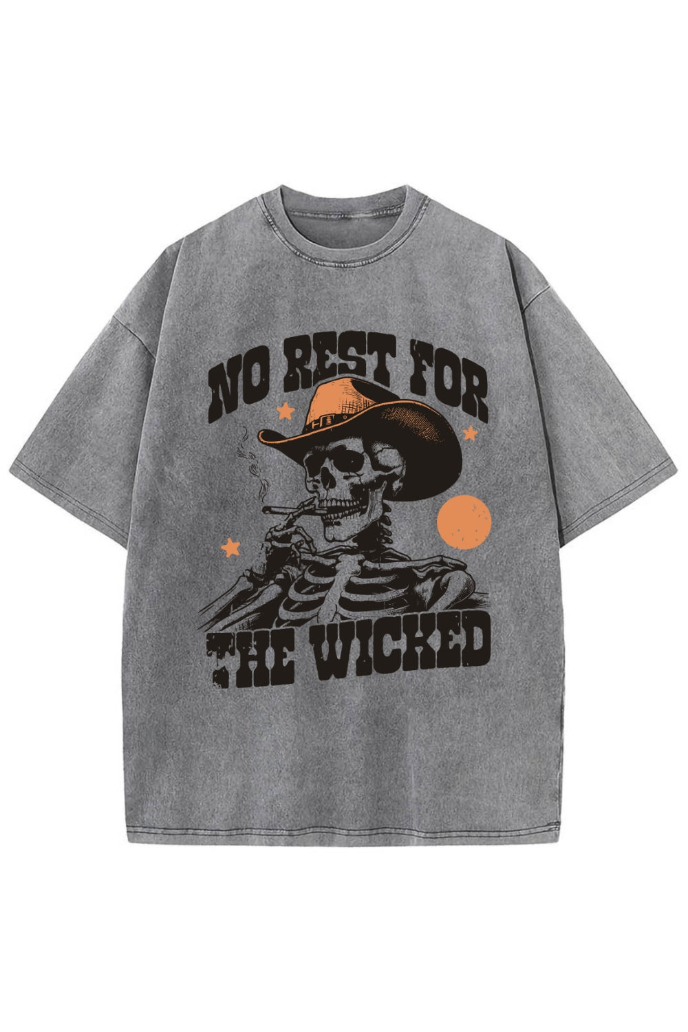 No Rest For The Wicked Western Cowboy Skull Washed Tee