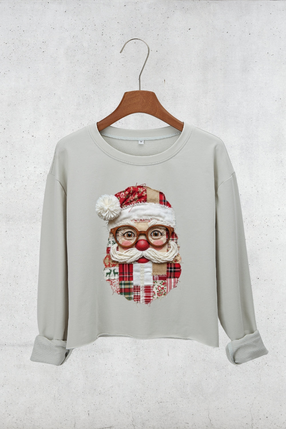 Santa Claus Patchwork Printed Crop Sweatshirt For Women