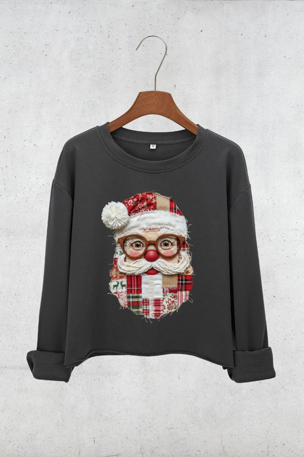Santa Claus Patchwork Printed Crop Sweatshirt For Women