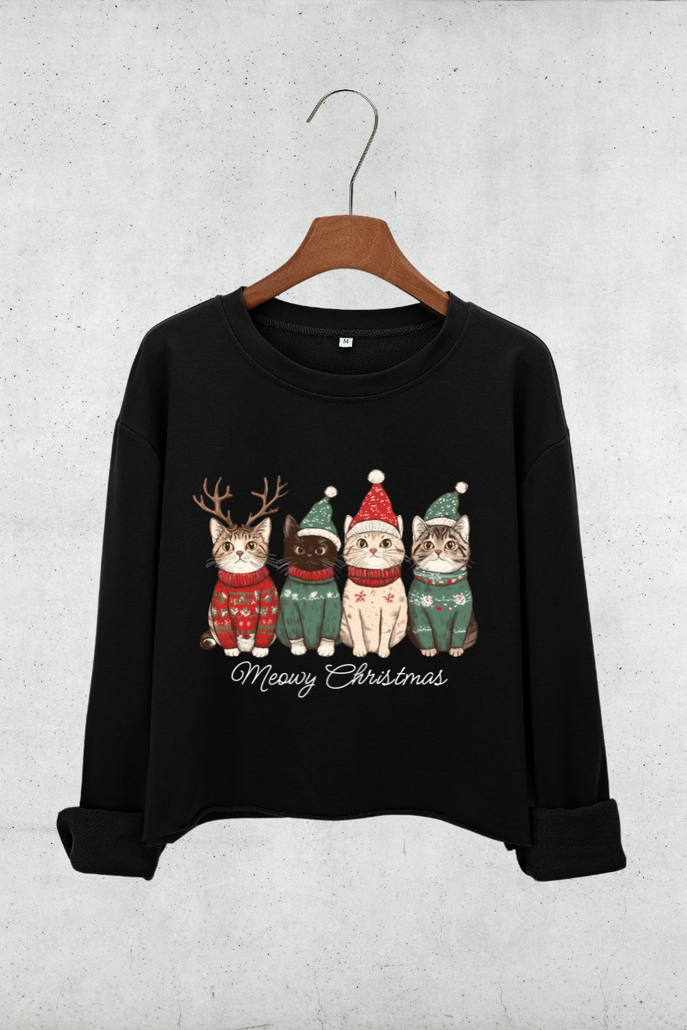 Meowy Christmas Christmas Cat Crop Sweatshirt For Women