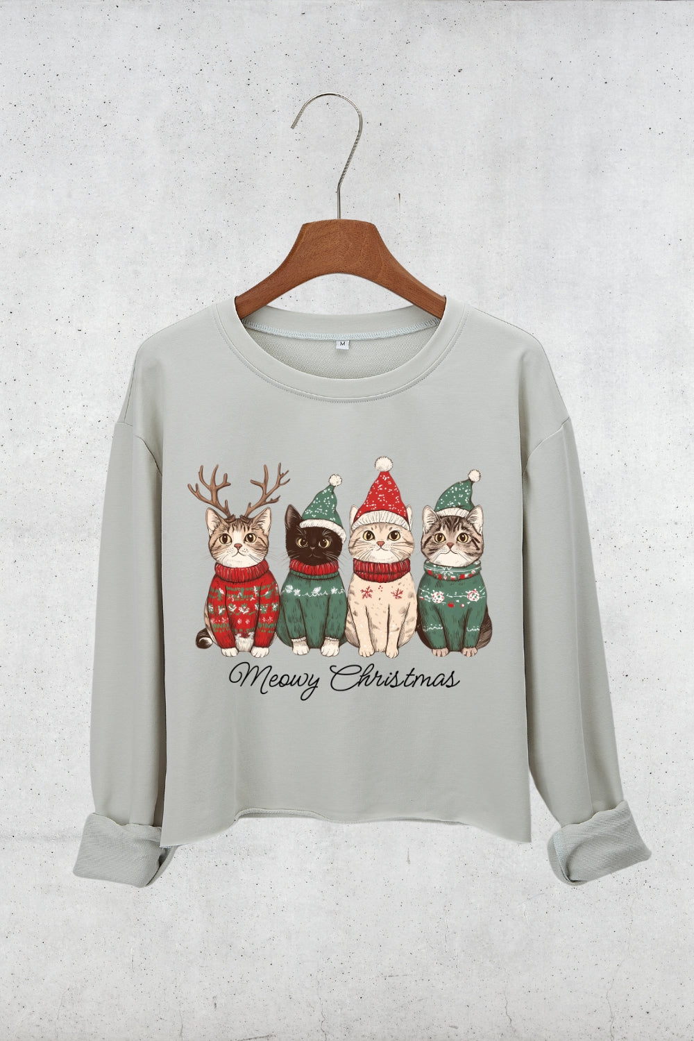 Meowy Christmas Christmas Cat Crop Sweatshirt For Women
