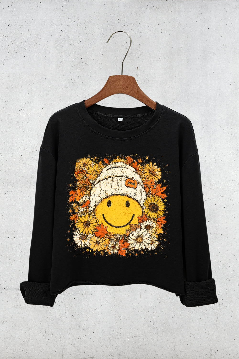 Floral Fall Smiley Face Crop Sweatshirt For Women